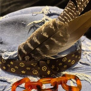 Blue Distressed Denim Hat with Feather and Brown Band